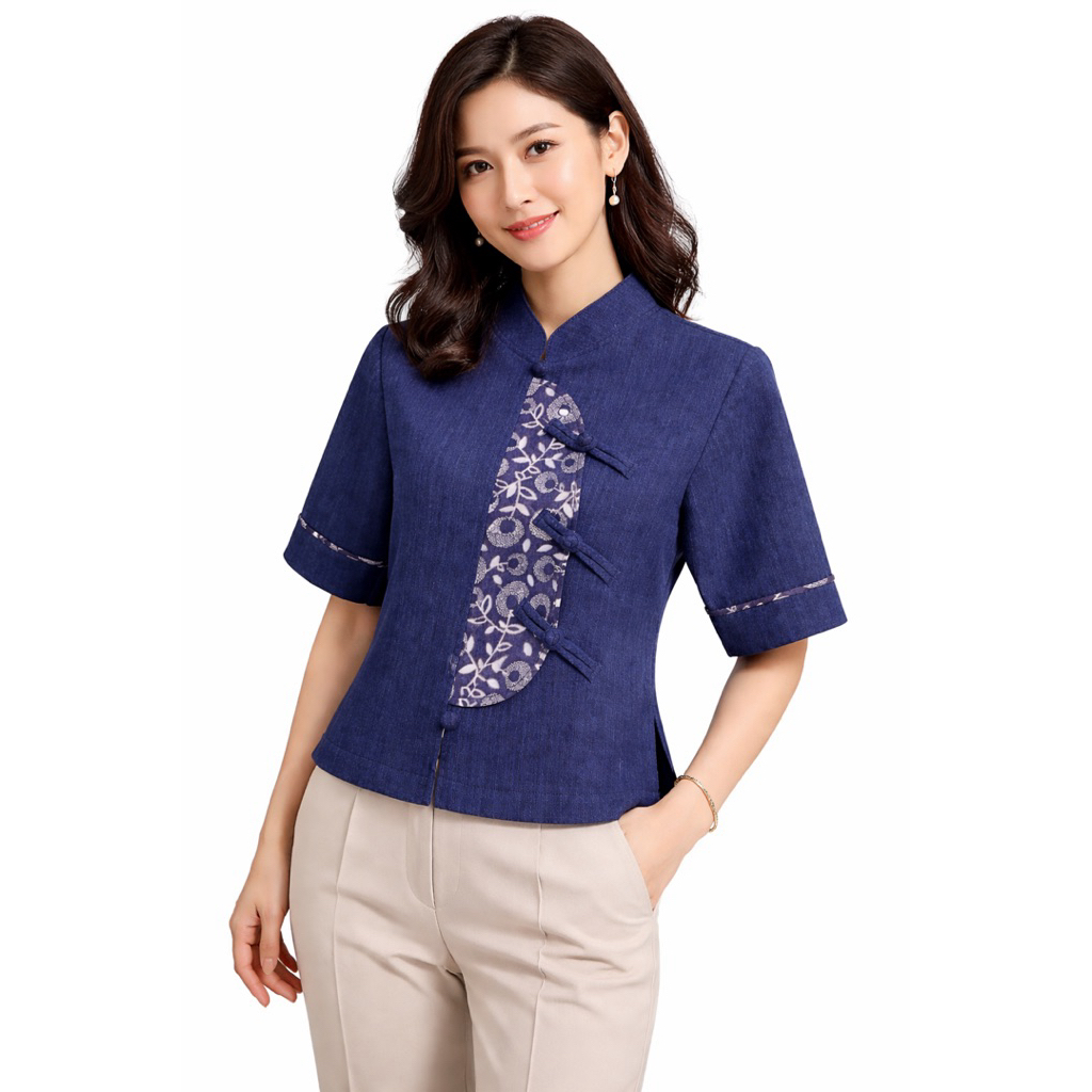 เสื้อคอจีนผ้าฝ้าย แขนสามส่วน สีกรม-ดำ ** สินค้าเข้าใหม่