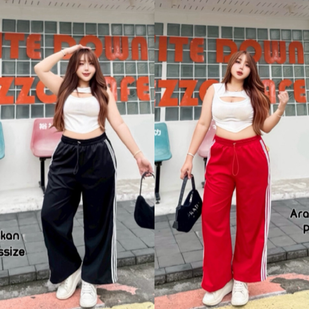 YY กางเกงขายาวแนวสปอร์ต ดีเทลแต่งแถบด้านข้าง ผ้าCottonไม่บางใส่สบาย เอวยางรอบ plussize