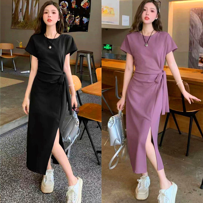 628 เดรสยาวผูกเอว แขนสั้น ผ่าข้างเซ็กซี่ ทรงเข้ารูป ความยืดหยุ่น สไตล์ใหม่รับซัมเมอร์ สไตล์ฝรั่งเศส