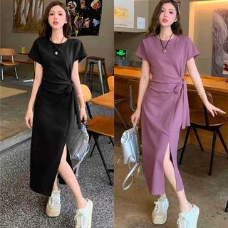 628 เดรสยาวผูกเอว แขนสั้น ผ่าข้างเซ็กซี่ ทรงเข้ารูป ความยืดหยุ่น สไตล์ใหม่รับซัมเมอร์ สไตล์ฝรั่งเศส