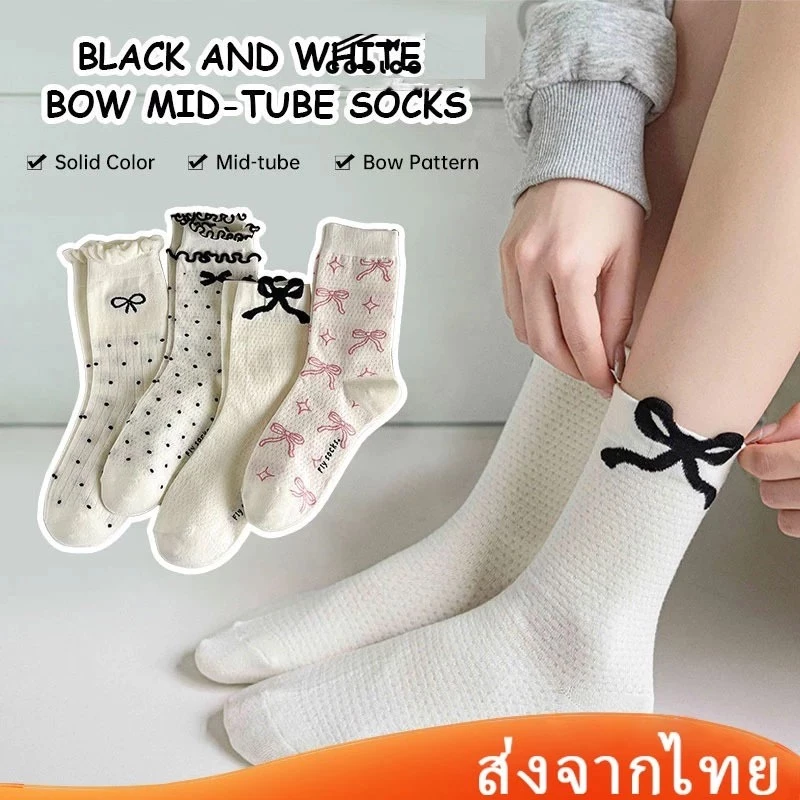 Novvia ในไทย💖ถุงเท้าโบว์ลูกไม้สําหรับสไตล์โลลิต้าญี่ปุ่นผู้หญิงแฟชั่นเกาหลีฤดูร้อนถุงเท้าบางข้อสูงผ้ายืดใส่สบาย.COD