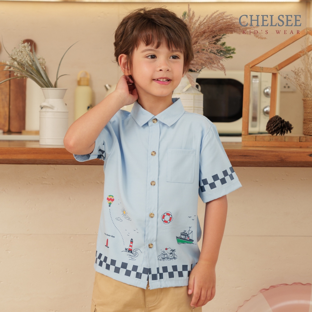 Chelsee เสื้อเชิ้ต แขนสั้น เรียบๆ ลายทะเล ซัมเมอร์ 100%Cotton เด็กผู้ชาย อายุ 1.5-10 ปี เสื้อผ้าเด็กโต รุ่น 128239
