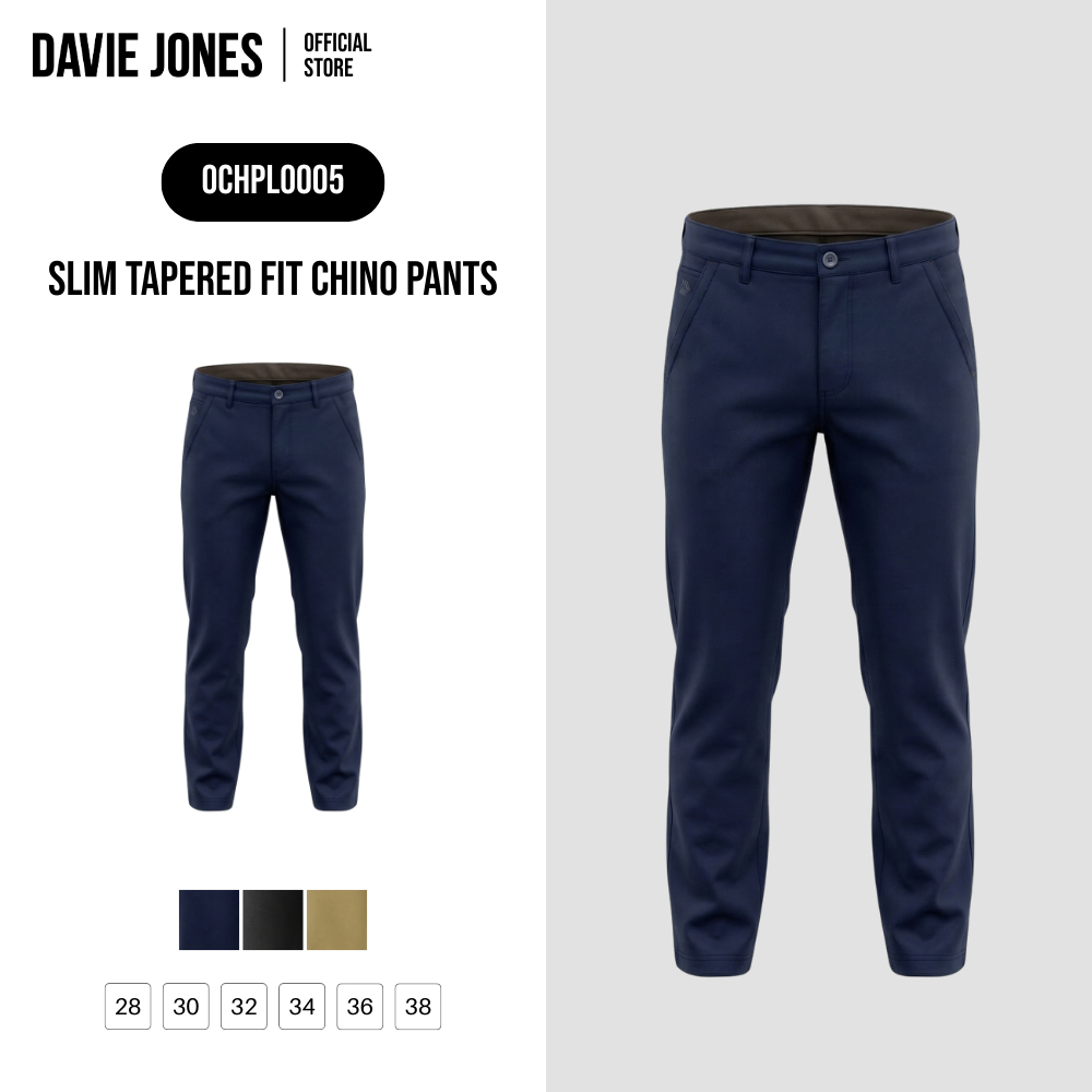 DAVIE JONES [BE FEARLESS] กางเกงชิโนผู้ชาย Slim Tapered Fit Chino Pants สีกรม ดำ กากี PL0005