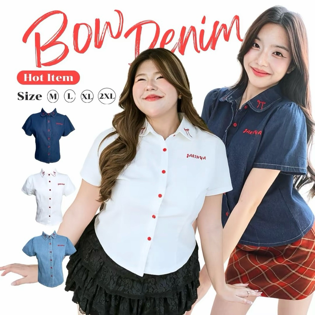 JARINYA (M-2XL) เสื้อยีนส์แขนสั้น jarinya ปักโบว์ตรงคอปก แต่งกระดุมแดง
