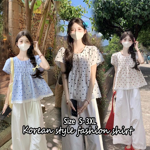 Chili#เสื้อผู้หญิงพิมพ์ลายหัวใจสไตล์เกาหลี คอกลม ทรงหลวมและเข้ารูป สวมใส่สบายในฤดูร้อน น่ารักและไม่ซ้ำใคร#w646