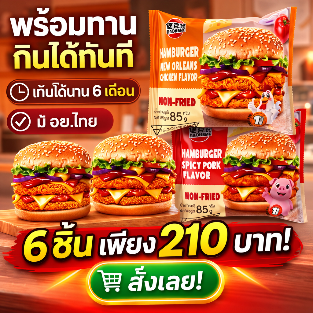 BAOKESHI - แฮมเบอร์เกอร์พร้อมทาน 6 ชิ้น 210 บาท ไม่ต้องอุ่น เปิดซองกินได้เลย อาหารเช้า อิ่มง่าย