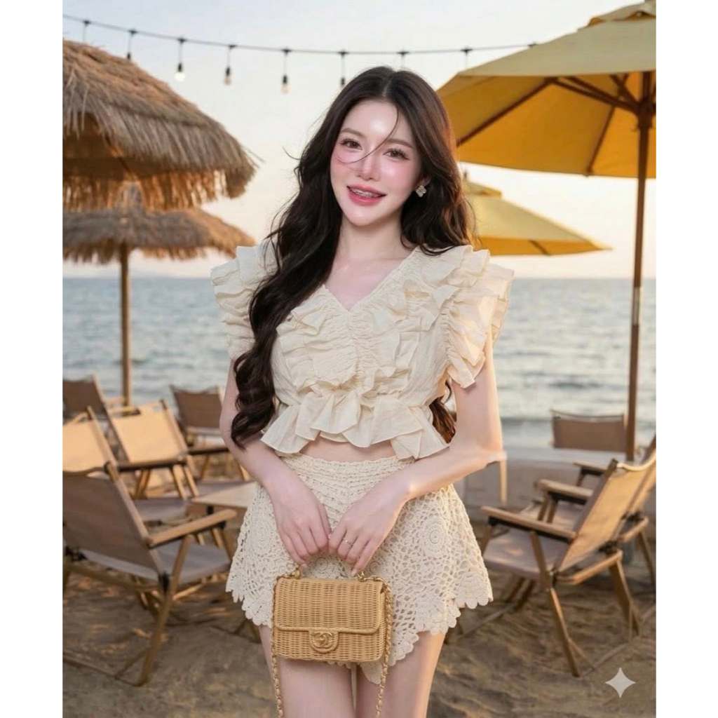 Y292 เซ็ตสีครีม เสื้อแต่งระบายคอวี+ขาสั้นลูกไม้ฉลุ ป้ายTEN SHOP