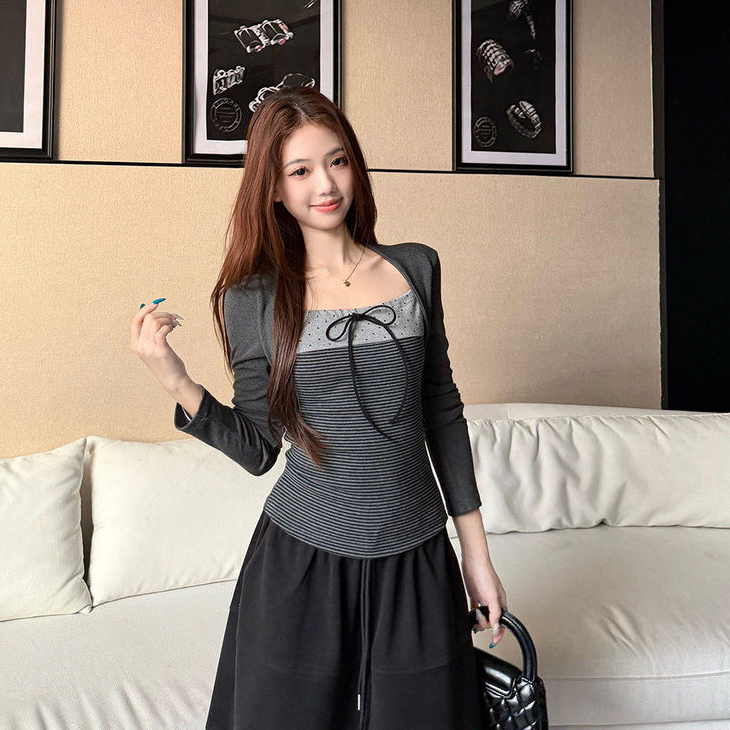 BIK พร้อมส่ง เสื้อแขนยาวผู้หญิง เข้ารูป ตกแต่งโบว์น่ารัก รูปที่ 5