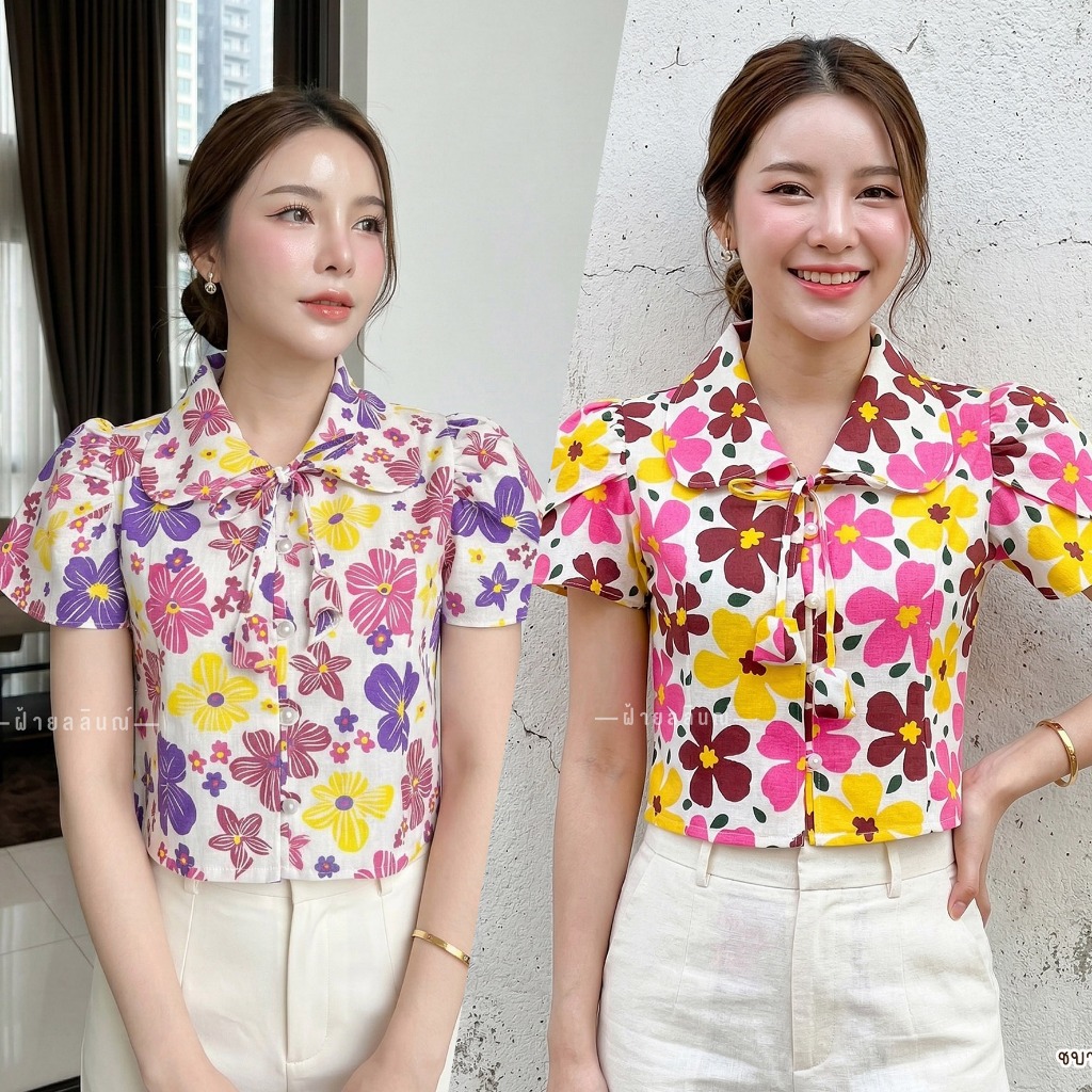 เสื้อสงกรานต์ลายดอก ผ้าฝ้ายคอบัวแต่งแขนกลีบบัว