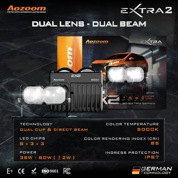 AOZOOM EX2 ไฟสปอร์ตไลท์ Bi-LED 60W สว่างคมชัด ไม่แยงตา แสงขาว 5000K กันน้ำ IP67 รับประกัน 2 ปี