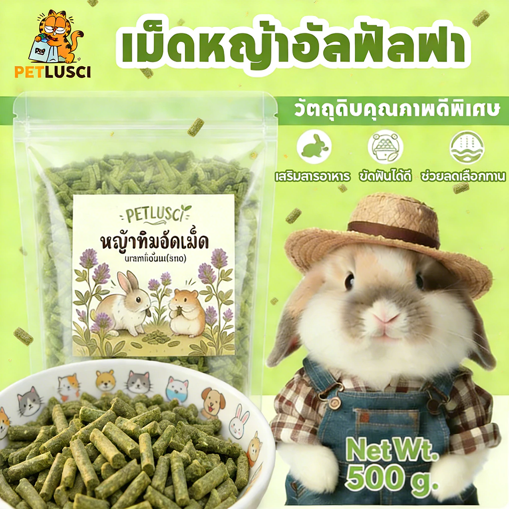 หญ้าอัดเม็ด อัลฟาฟ่าอัดเม็ดพรีเมียม Alfalfa 100% กระต่าย แพรี่ด็อก แกสบี้ ชินชิล่า เดกู เต่า 500กรัม