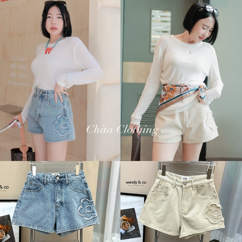 📍พร้อมส่ง📍🇰🇷FSY🇰🇷61980 Daisy Short Denim กางเกงยีนส์ขาสั้นทรงสวย แต่งดอกไม้นูนหน้าหลัง ใส่รับซัมเมอร์ แจกสดใส