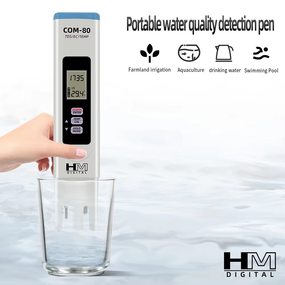 HM COM-80 เครื่องวัดคุณภาพน้ำแบบดิจิตอล TDS Temp EC 3 ใน 1 เครื่องตรวจจับ 0-5000ppm ปากกาทดสอบ