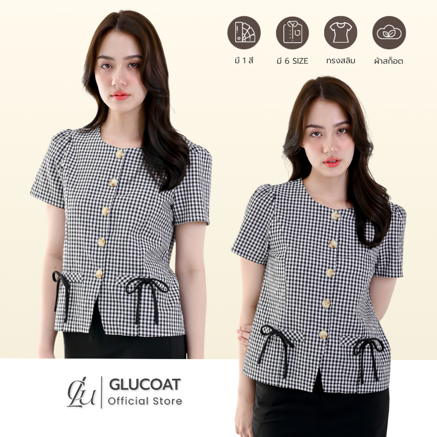 Glucoat | [U701] เสื้อแขนสั้นลายสก็อตสีดำ กระเป๋าหน้าหลอกและโบว์สำเร็จ กระดุมหน้าใช้งานได้จริง