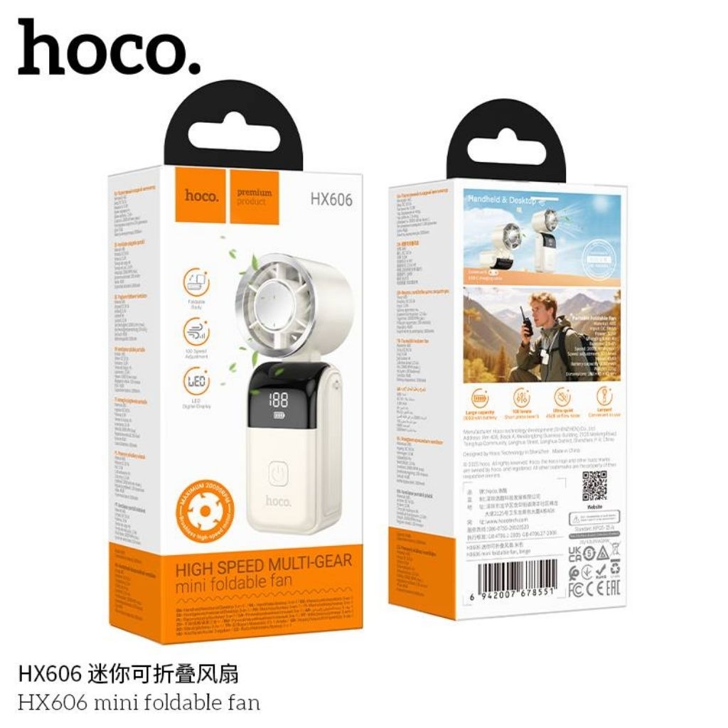 HOCO HX606 พัดลมมือถือ ขนาดมินิ พับได้ 90° ปรับแรงลม 100 ระดับ แบต 3000mAh พร้อมสายคล้องคอ พัดลมพกพา