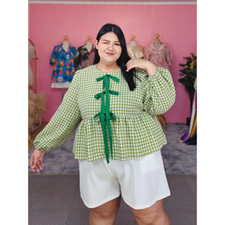 เสื้อแขนยาว ผูกโบว์หน้า ลายตาราง Gingham ระบายเอว เนื้อผ้าเบ…