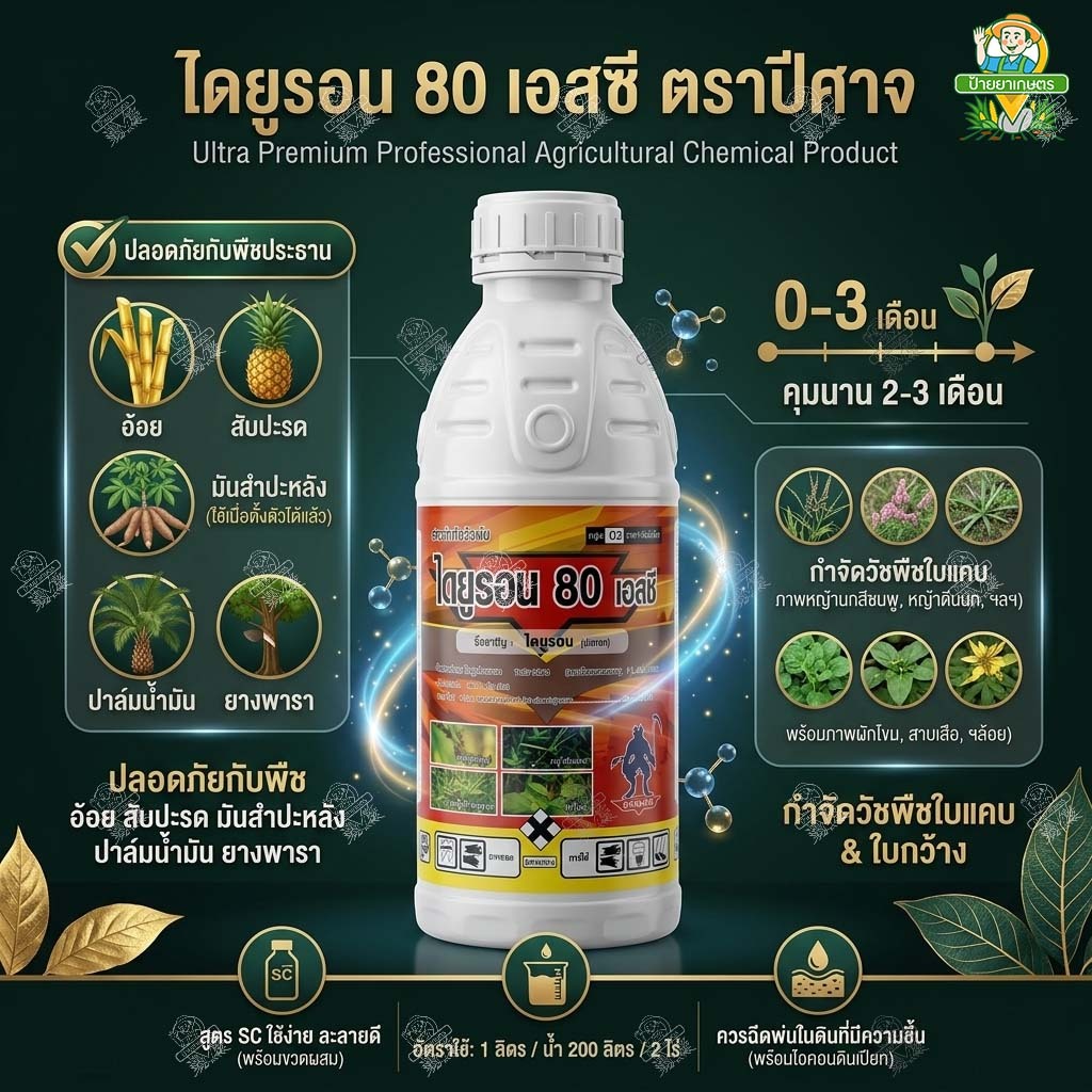 ไดยูรอน 80 เอสซี ตราปีศาจ 1ลิตร สารกำจัดวัชพืช คุม-กำจัดหญ้า ใน อ้อย สับปะรด มันสำปะหลัง