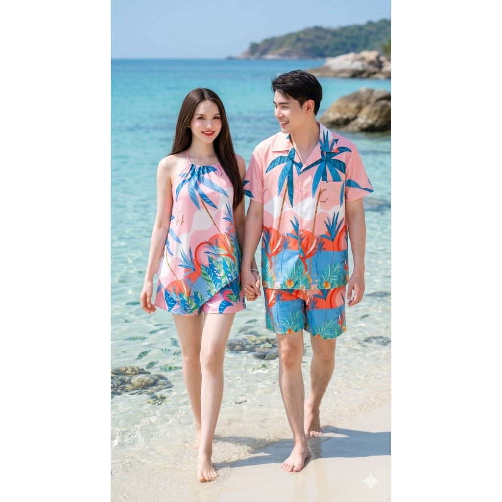 HAWAII SHIRTชุดคู่รักไปทะเล ลายมะพร้าว ชุดเซ็ตผู้ชาย ชุดเสื้อสามเหลี่ยม+กางเกงขาสั้น ราคา ถูกที่สุด ดีลบีเคเค แกลเลอรีภาพที่ 4