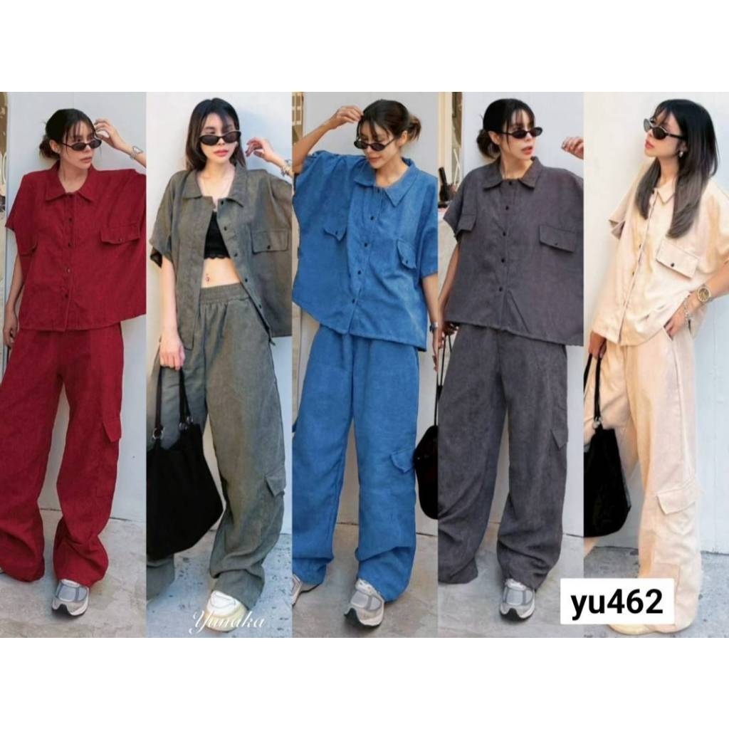 เซทเสื้อเชิ้ตแขนล้ำ ทรง Oversize แต่งกระเป๋าหลอก มาพร้อมกางเกงขายาวกระบอก yunaka
