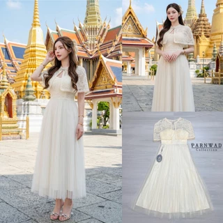 🚩ร้านโค้ดคุ้ม🚩 MILA เดรส + เสื้อคลุมไหล่ แต่งโบว์เพชร ออกงาน งานบุญ งานบวช แฟนนาค กฐิน แฟนนาค