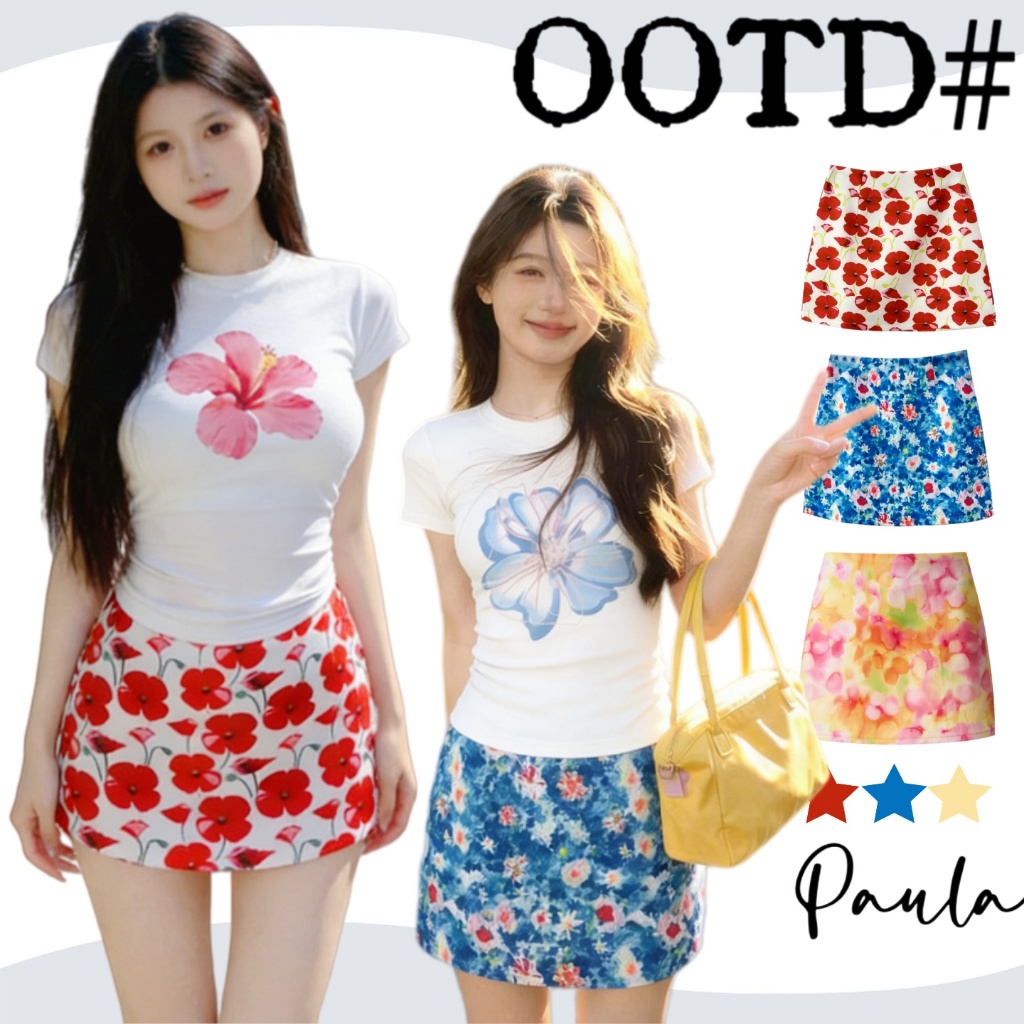 Paula พร้อมส่ง🌴เสื้อยืดพิมพ์ดอกไม้ + กระโปรงสั้นสีพาสเทล🌴ชุดเซ็ตสุดคิ้วท์ สไตล์วันสงกรานต์ เหมาะใส่ไปทะเล คาเฟ่