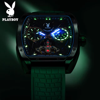 PLAYBOY 3058 นาฬิกาผู้ชายแท้ เครื่องกลอัตโนมัติ นาฬิกาข้อมือกันน้ำ ของขวัญวันวาเลนไทน์ วันพ่อ ส่องสว่าง สีฟ้า สีขาว