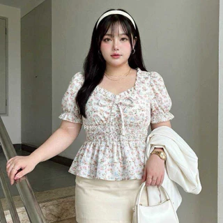 P20 🌼 [S-XXXXXL] เสื้อสาวอวบ ลายดอกไม้น่ารัก ทรงPeplum สวย ใส่สบาย แต่งโบว์หน้า มีสม็อคเอวยืด รอบอกใหญ่พิเศษ 32-60 นิ้ว