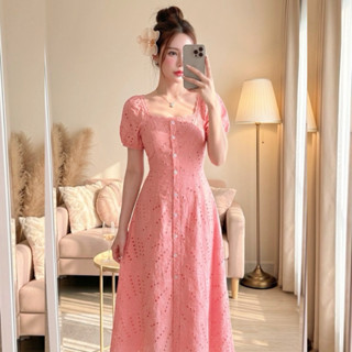 [NITTAYA] D2857 ชุดเดรสกระโปรงยาวคอเหลี่ยมแขนตุ๊กตาดีเทลผ้าป…