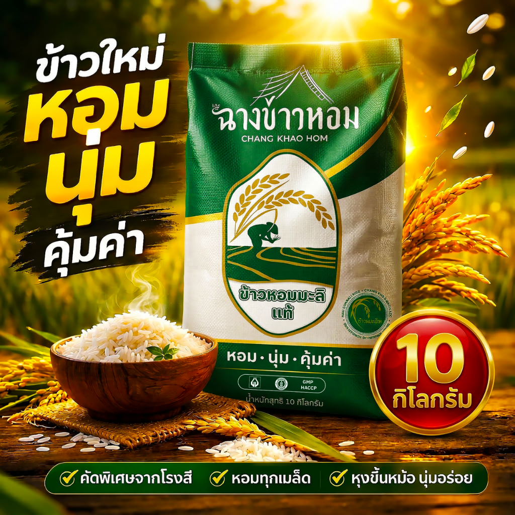 [10 กก.] ข้าวหอมมะลิใหม่ ปี69 เมล็ดจะมีความแตกหัก แต่หุงออกมา อร่อย หอม นุ่ม เหมือนเดิม ตราฉางข้าวหอม ส่งตรงจากโรงสี – โปรปัง