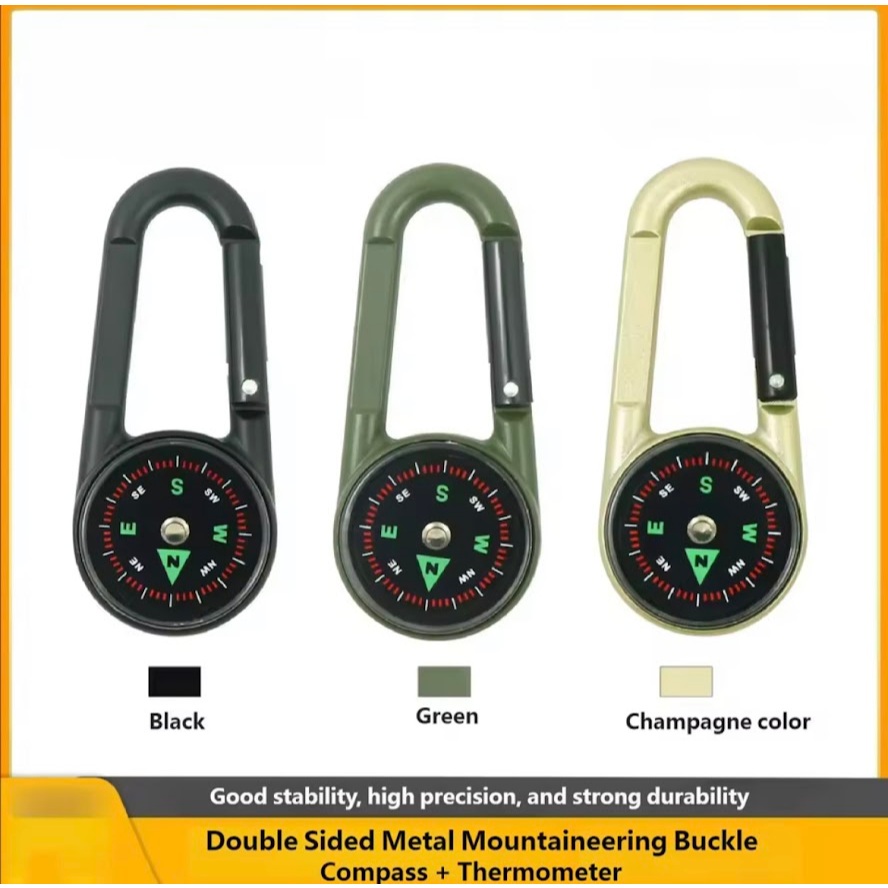 Outdoor Multifunctional Hiking Carabiner โลหะเข็มทิศเครื่องวัดอุณหภูมิพวงกุญแจโลหะ Carabiner พวงกุญแจ