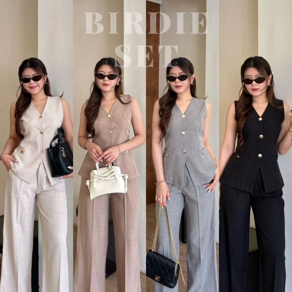 Birdie - ชุดเซ็ท 2 ชิ้นขายาว ชุดเซ็ทขายาวเสื้อตีวยาวแขนกุด งานแต่งกระดุม แหวกช่วงล่าง เรียบหรูทำงาน BETTY (B059)