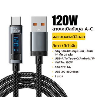 ต้นฉบับ สายชาจแบตเร็ว 120W สายชาร์จUSB มีหน้าจอแสดงผล สายชาร์จเร็วสำหรับอุปกรณ์ Android Type-C IP