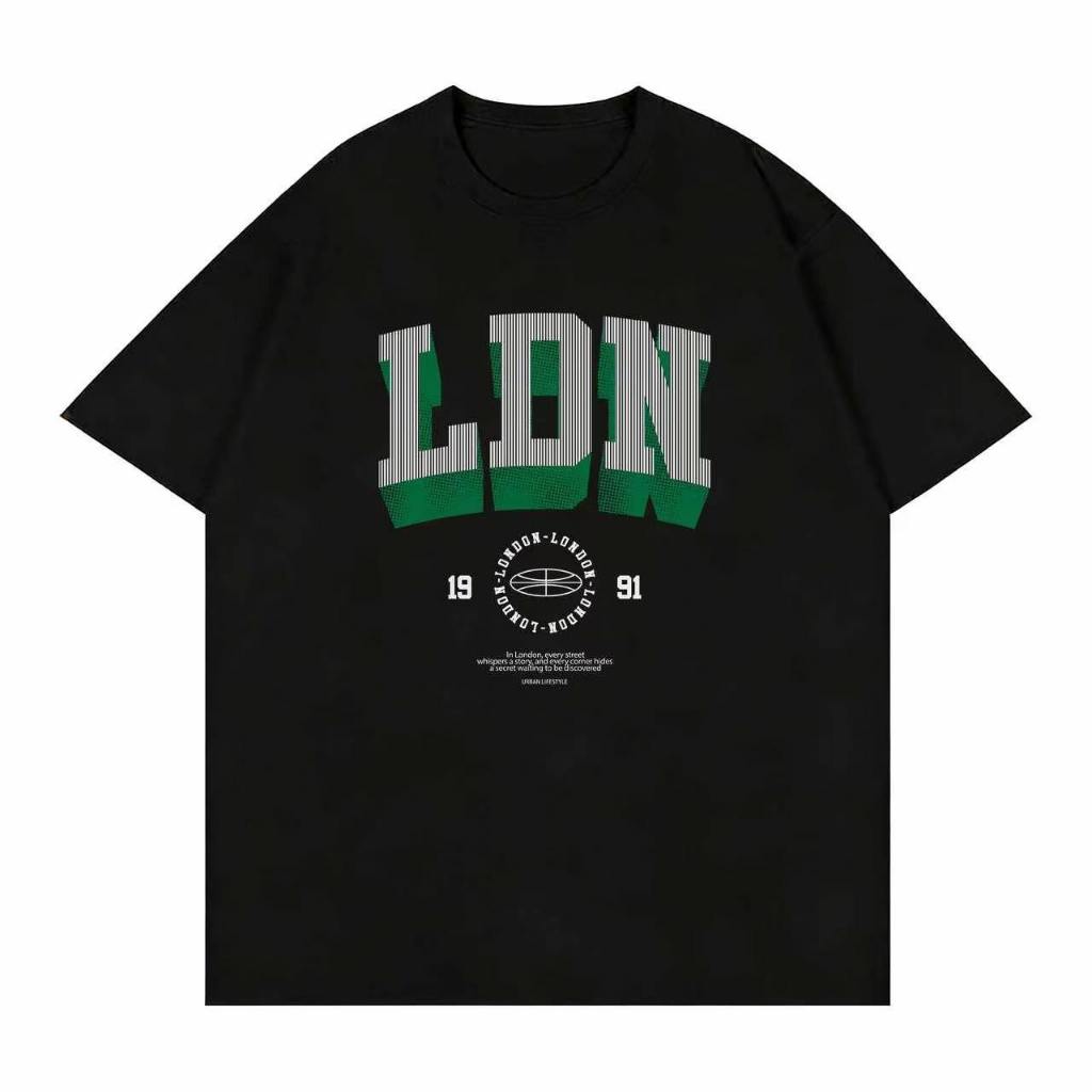 เสื้อยืดแขนสั้นสีดำพิมพ์ลาย ผ้าคอตตอนคุณภาพสูง ใส่สบาย พิมพ์ลาย LDN สไตล์วินเทจ ทรงหลวม ใส่แล้วดูผอม