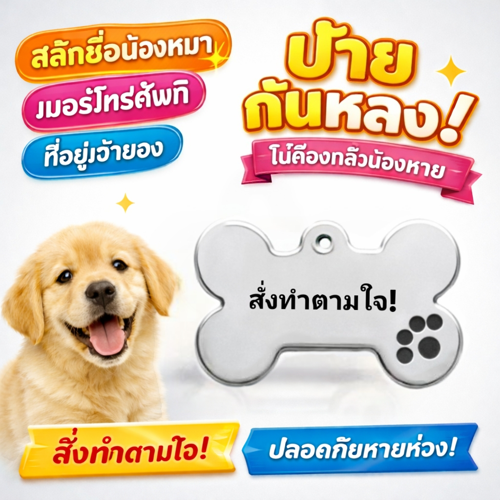 แท็กชื่อสัตว์เลี้ยง ป้ายหมาแมวสลักชื่อได้ กันหาย ใส่เบอร์โทรติดต่อ ฉลากติดคอ ดีไซน์สวย น่ารัก แข็งแรง ไม่เป็นสนิม