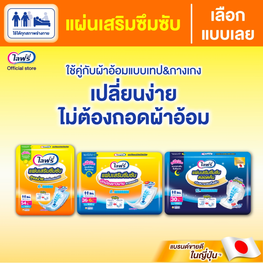 [เลือกแบบเลย]Lifree ไลฟ์รี่แผ่นเสริมซึมซับ แบบมาตรฐาน 54 ชิ้น /แบบตลอดคืน 30 ชิ้น/แบบชั่วโมงที่ยาวนาน 36+6 ชิ้น 1 แพ็ค