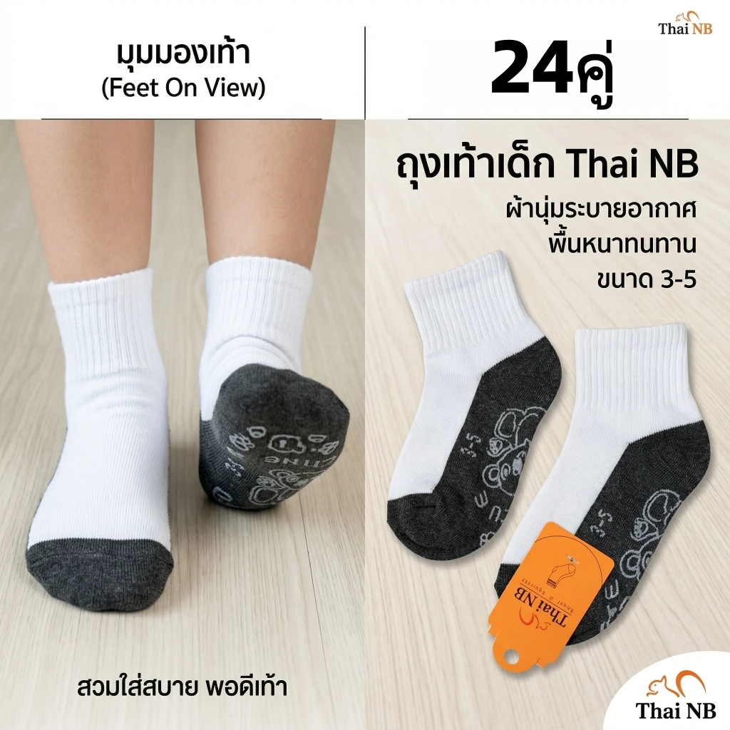 24คู่ ถุงเท้านักเรียนกันลื่น ทนคราบ ทำความสะอาดง่าย มีการระบายอากาศ เนื้อผ้านุ่ม กระชับเท้า 3-12อายุ
