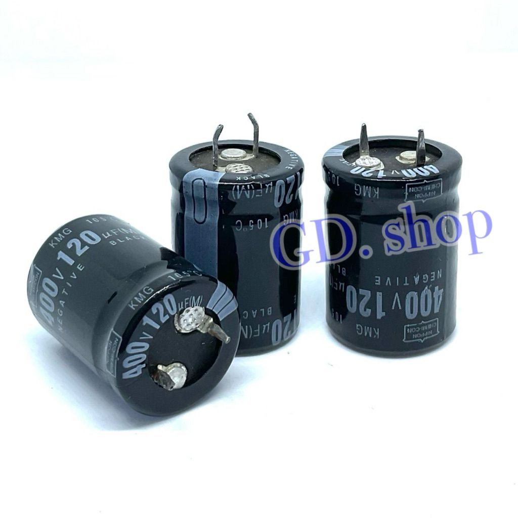 C ขาเขี้ยว 120uF400V กว้าง22mm สูง30mm 105Cองศา ยี่ห้อ NIPPON CAPA คาปา เก็บประจุ