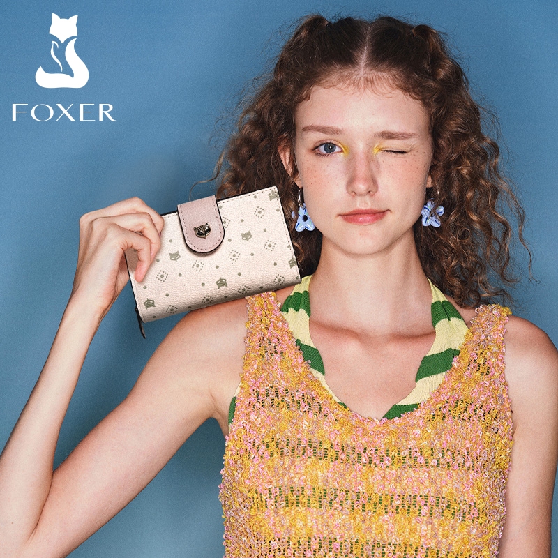 FOXER กระเป๋าสตางค์สั้นแบบมัลติฟังก์ชั่น บัตรหลายใบ รูปแบบสุนัขจิ้งจอก กระเป๋าซิป wallet
