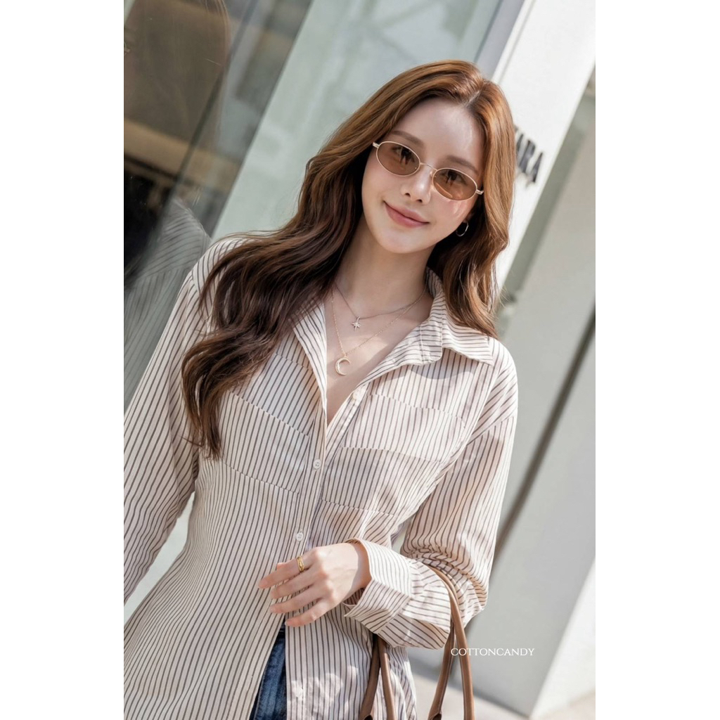 #Cotton Candy   เสื้อเชิ้ตริ้ว ฟ้า/น้ำตาล New Emily korea top ราคา ถูกที่สุด ดีลบีเคเค แกลเลอรีภาพที่ 7