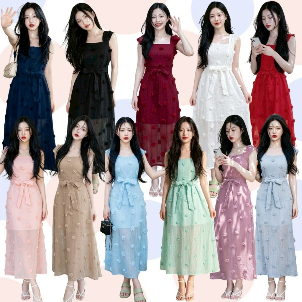 TT17921 เดรสยาว ซีทรูแต่งดอกปอมๆ