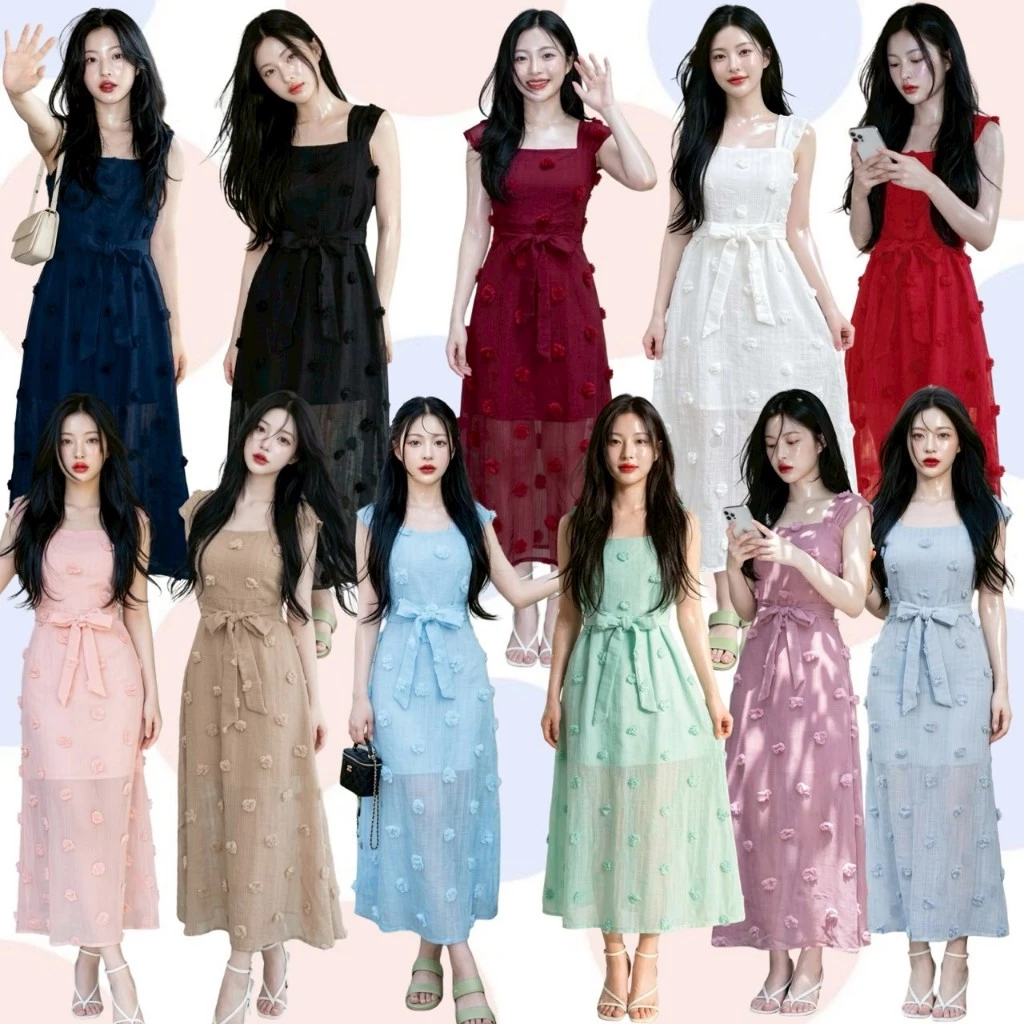 TT17921 เดรสยาว ซีทรูแต่งดอกปอมๆ