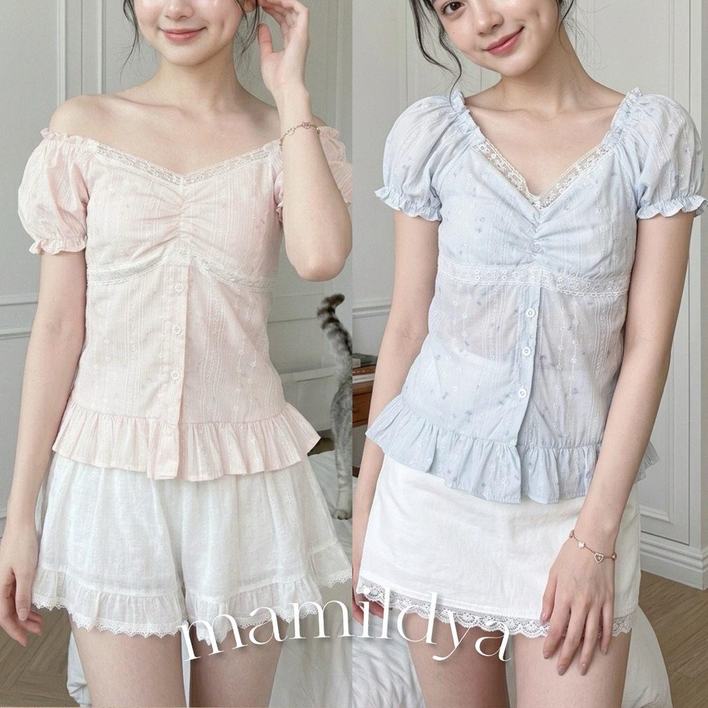 อกเป็นผ้า2ชั้น 🌟Mamildya.shop🌟 เสื้อตุ๊กตาปาดไหล่ ตัวนี้ใส่ได้2 แบบ/ T1-3/TOT-ปริ้นย่น⚫