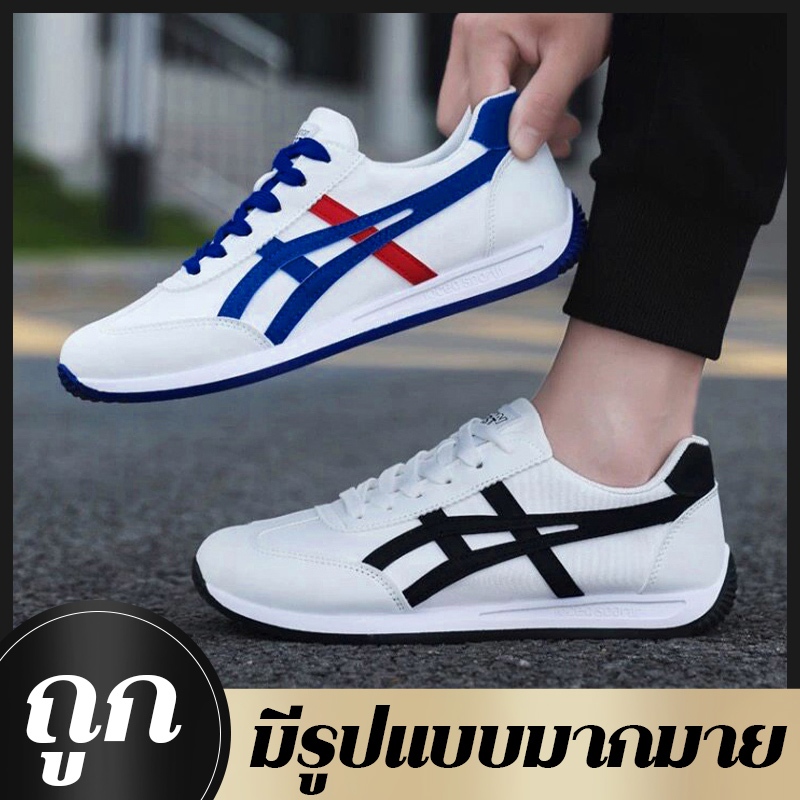 SUNDAY2020 รองเท้าผ้าใบลำลองสีขาว ผ้าเบาระบายอากาศ สีขาวขอบดำเรียบง่ายคลาสสิก รองเท้าผูกเชือก ไอเท็มที่คุณผู้ชายต้องมีติ