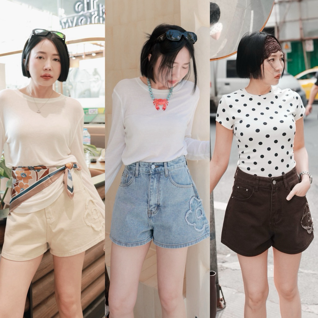 (พร้อมส่ง) Daisy Short Denim กางเกงยีนส์ขาสั้นแต่งดอกไม้นูนรุ่น 61980 TAG FSY