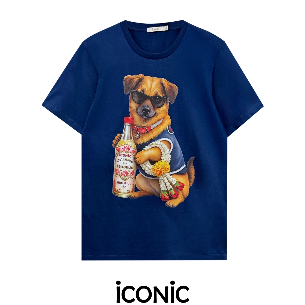 iCONiC CHAVEE T-SHIRT #20586 เสื้อยืด สีกรมท่า ลายสุนัข น้ำอบไทย แว่นดำ สงกรานต์