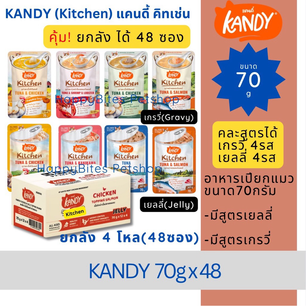 (ยกลัง) Kandy Kitchen Cat Wet Food อาหารแมวแคนดี้ ชนิดเปียก ขนาดซองละ 70 กรัม สำหรับแมวอายุ 2 เดือนขึ้นไป