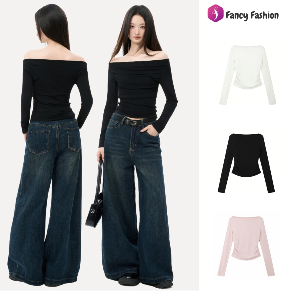 Fancy เสื้อปาดไหล่ แขนยาว [ใส่แล้วผอม] ทรงเข้ารูป ผ้านิ่มเด้ง สไตล์เกาหลี มินิมอล เสื้อไปคาเฟ่ เสื้อแฟชั่นผู้หญิง