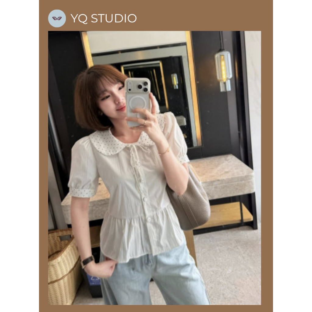 MG905 Jisoo เสื้อคอปกละมุนลายจุด กระดุมหน้าชายผ้าระบาย ป้ายYQ