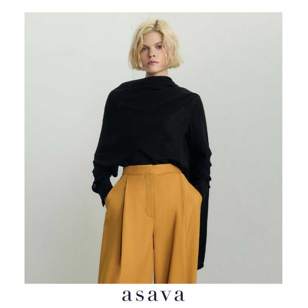 [asava ss26] Kailany Draped Cape Blouse เสื้อแต่งดีเทลเดรปเฉียงด้านหน้า แต่งผ้าเคปด้านหลัง แขนยาวแต่งกระดุม ผ้าลายทาง