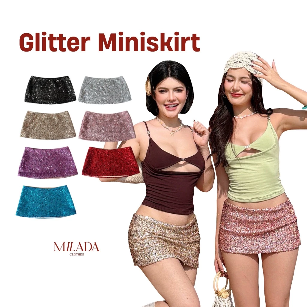 Glitter miniskirt กระโปรงปักเลื่อมวิ้งค์เอวต่ำ (018)